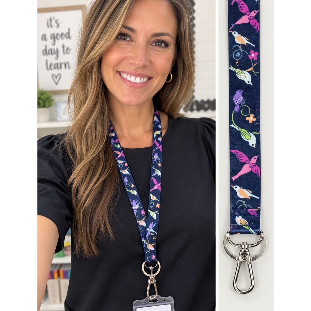 Vera Bradley French Ditsy Wide Lanyard Navy‎ Blue Bird Floral ID Key Holder NEW